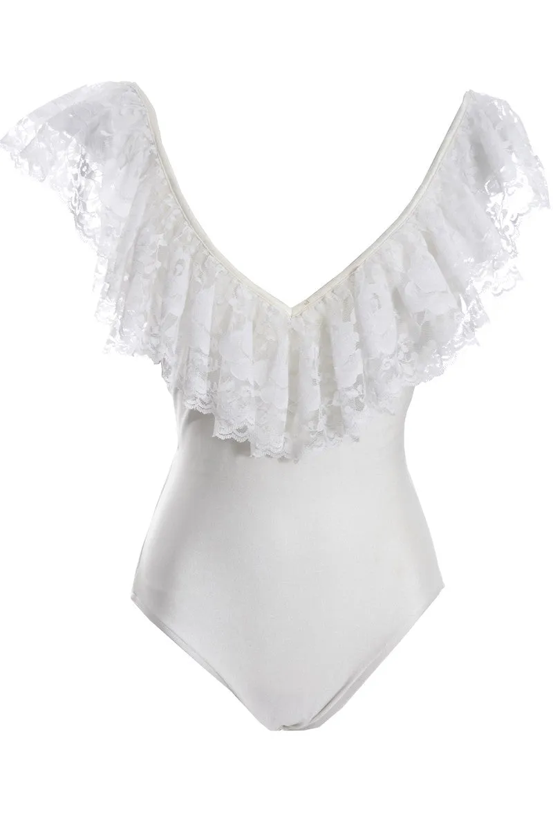 1980s Bill Blass Vintage One Piece Swimsuit with White Lace Skirt Small