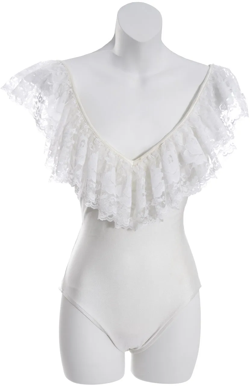 1980s Bill Blass Vintage One Piece Swimsuit with White Lace Skirt Small