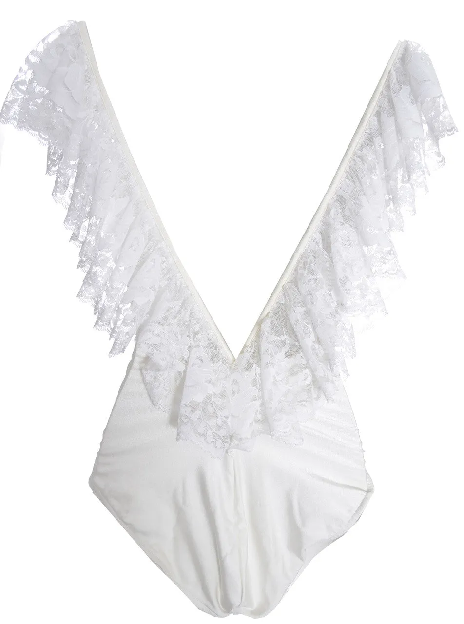 1980s Bill Blass Vintage One Piece Swimsuit with White Lace Skirt Small