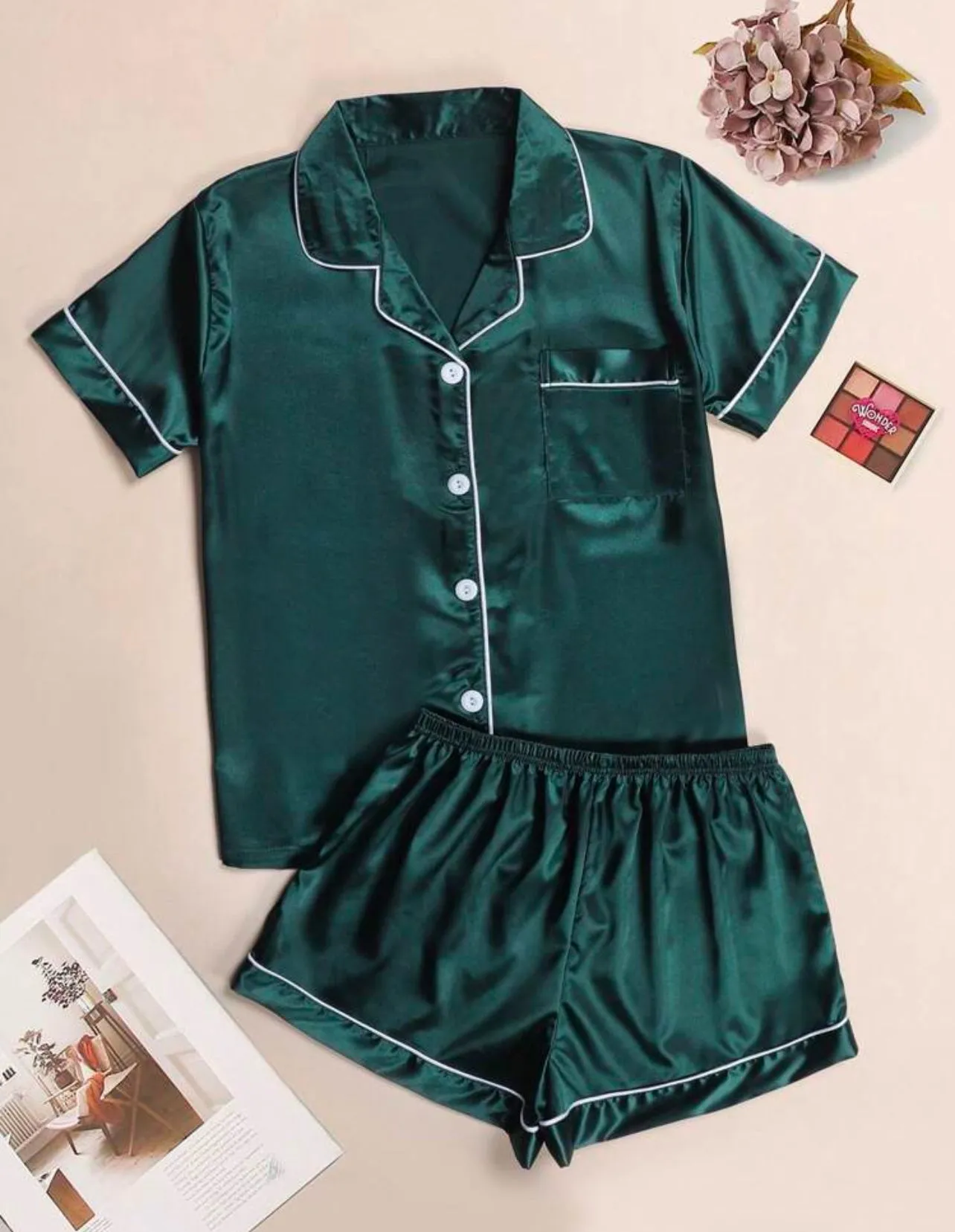 2 Piece Pajama Set, Short Sleeve Top and Shorts with Piping