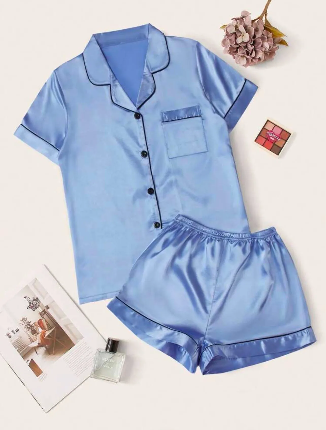 2 Piece Pajama Set, Short Sleeve Top and Shorts with Piping