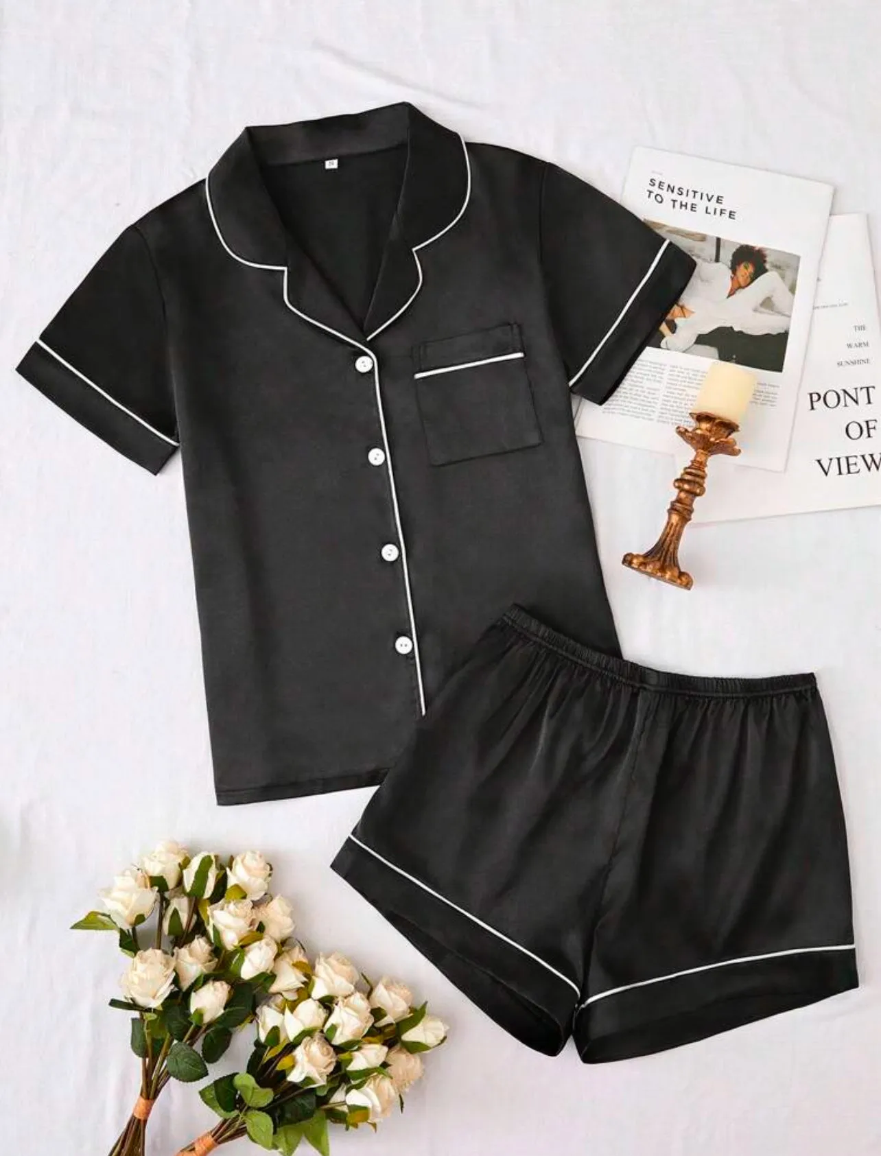 2 Piece Pajama Set, Short Sleeve Top and Shorts with Piping