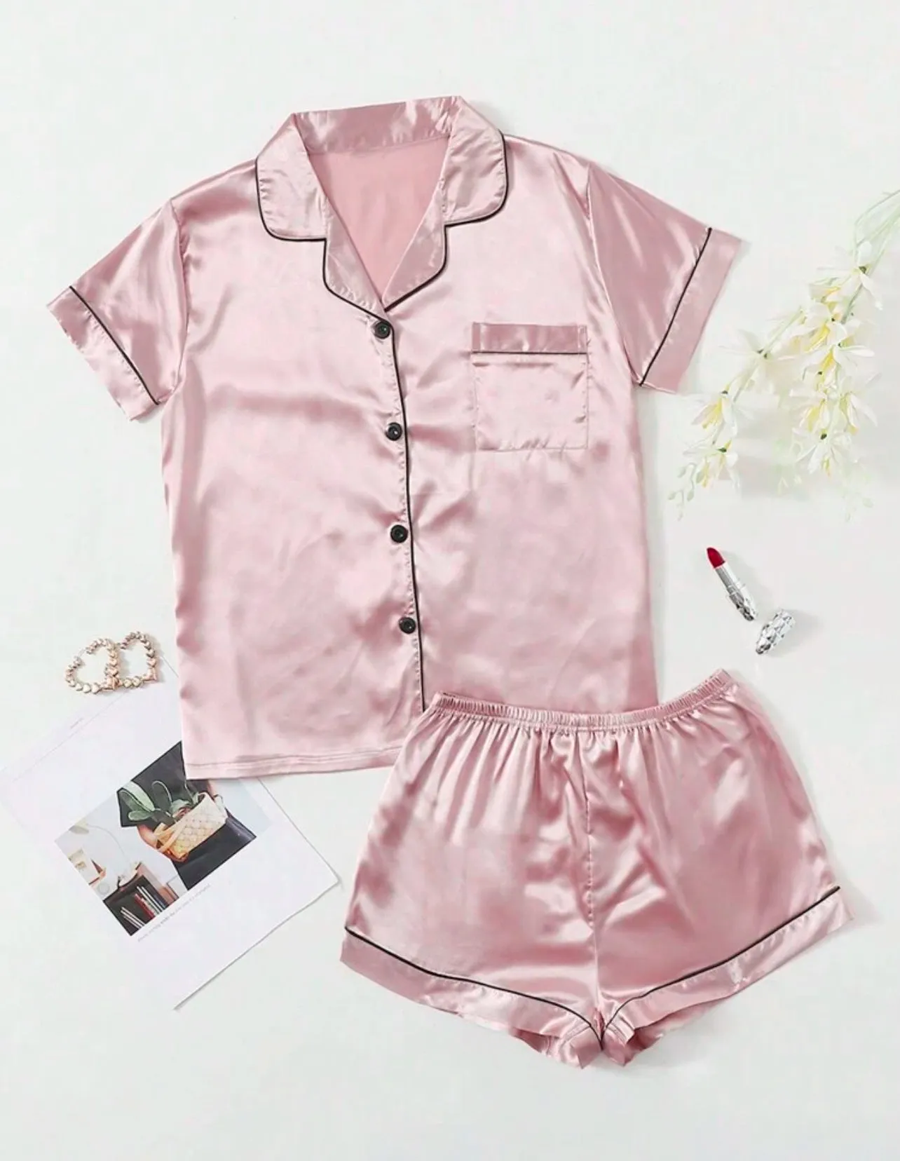 2 Piece Pajama Set, Short Sleeve Top and Shorts with Piping