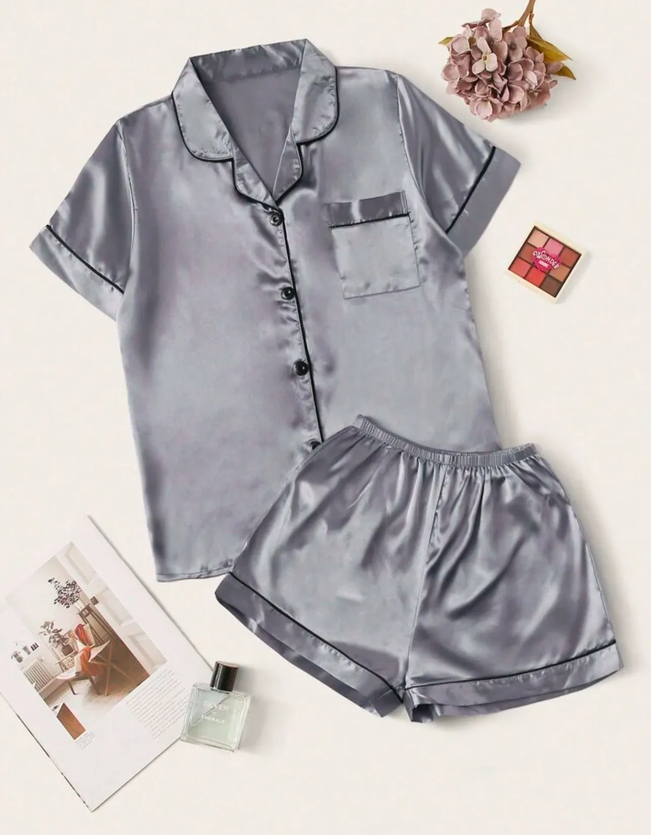 2 Piece Pajama Set, Short Sleeve Top and Shorts with Piping