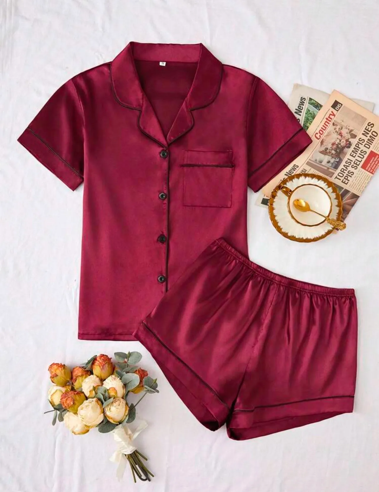 2 Piece Pajama Set, Short Sleeve Top and Shorts with Piping