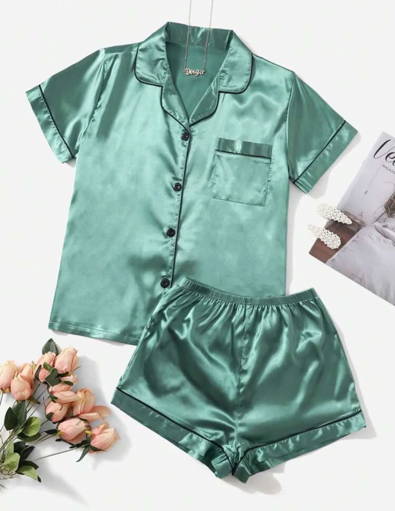 2 Piece Pajama Set, Short Sleeve Top and Shorts with Piping