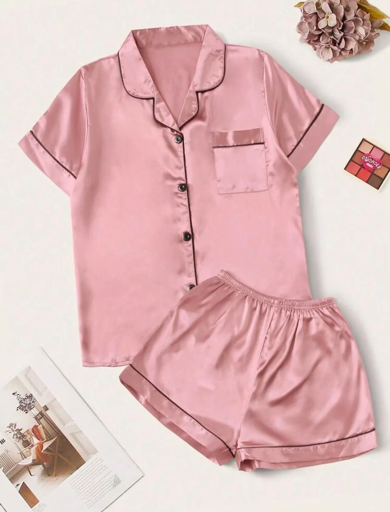 2 Piece Pajama Set, Short Sleeve Top and Shorts with Piping