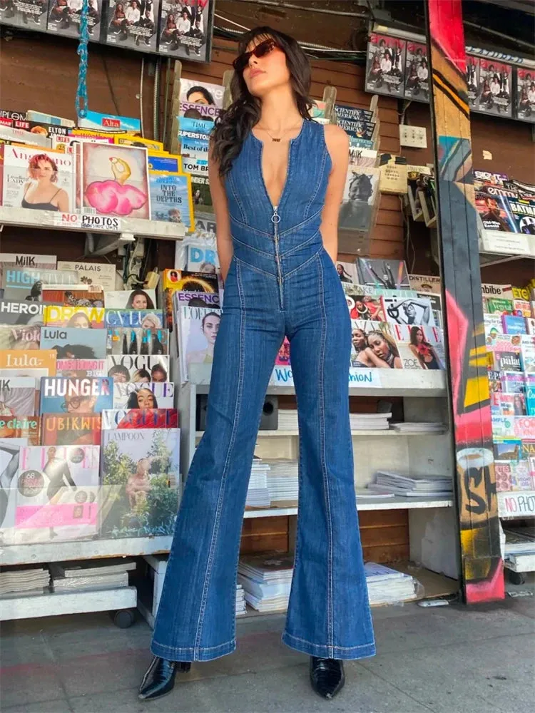 Ashore Shop Backless Heart Cutout Bodycon Jumpsuit For Women Casual Sleeveless Slim One-Piece Outfits Retro Denim Jumpsuits New 2023