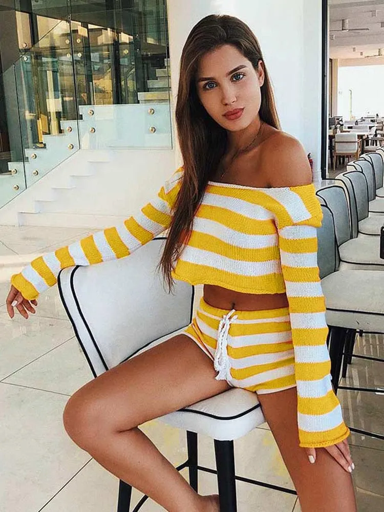 Ashore Shop Knit Stripe Crop Top Shorts Sets Women Vacation Casual Sets