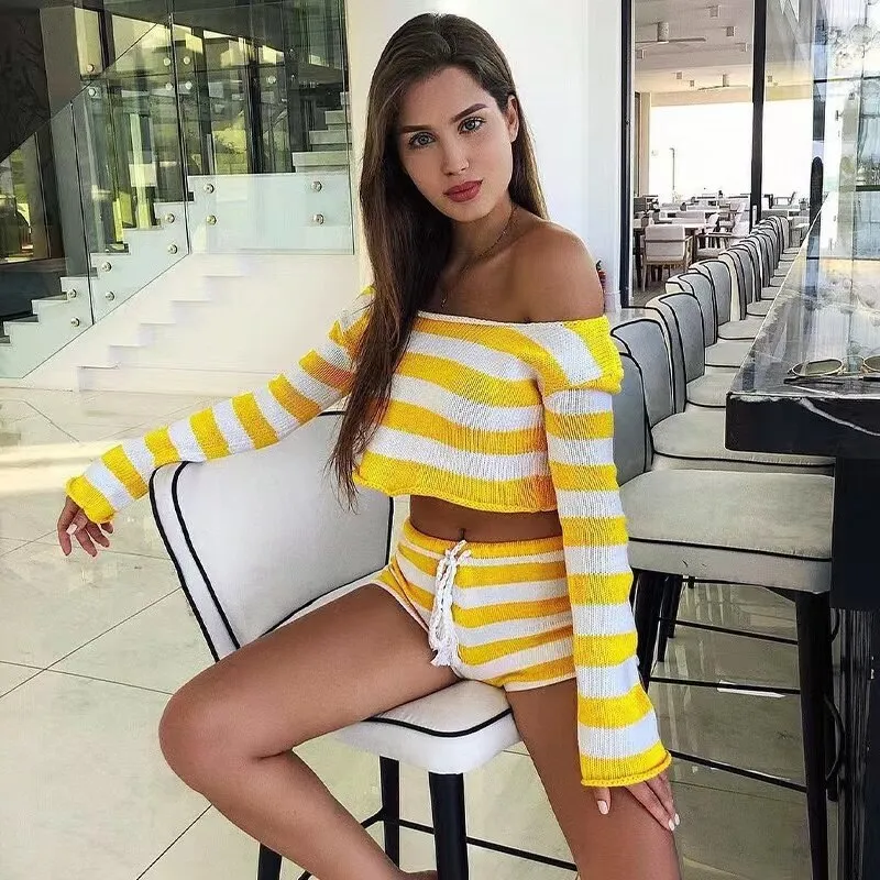 Ashore Shop Knit Stripe Crop Top Shorts Sets Women Vacation Casual Sets