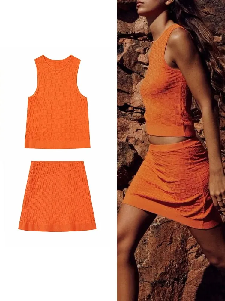 ASHORE SHOP Summer New Women Knitted Vest Top Miniskirt Set Beach Resort Style Solid Round Neck Sleeveless Top A-line Skirt