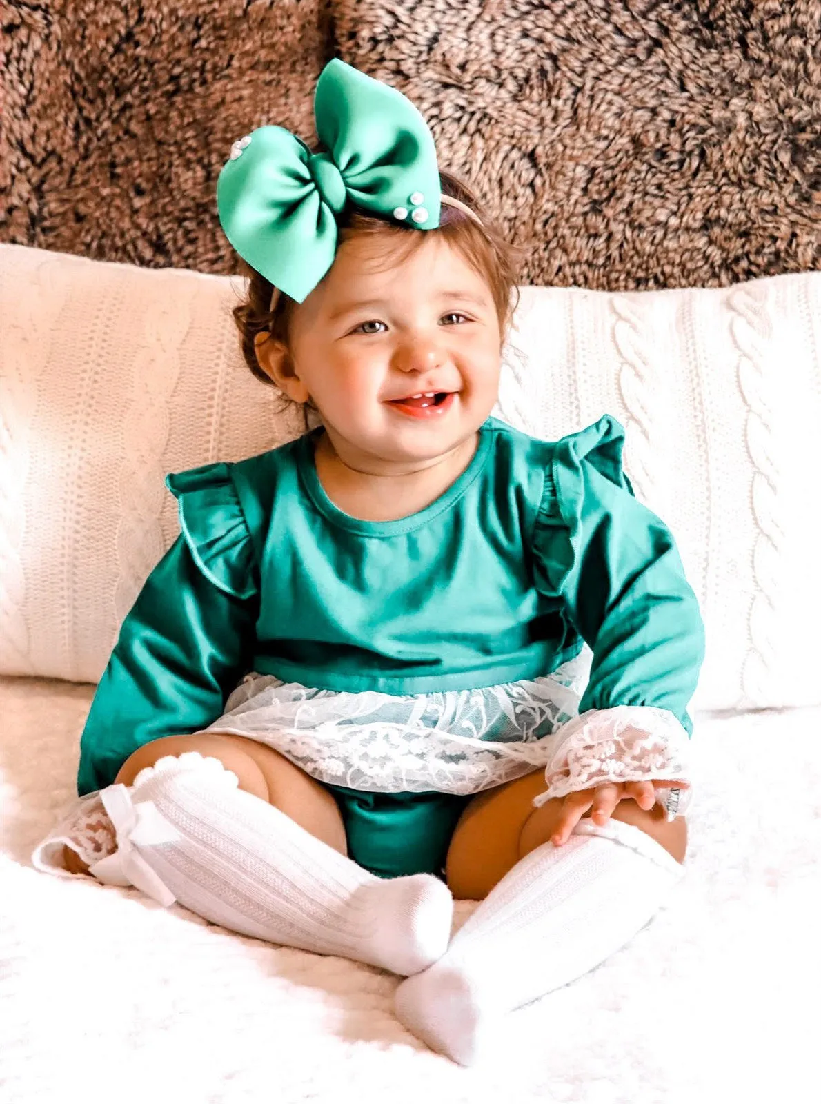 Baby Girl Vintage Lace Green Lace Skirted Romper