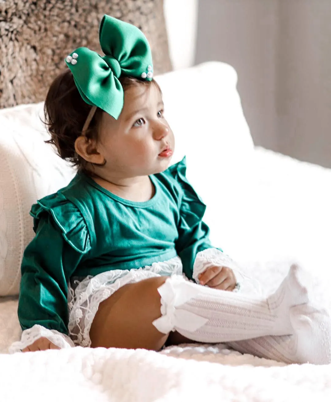 Baby Girl Vintage Lace Green Lace Skirted Romper