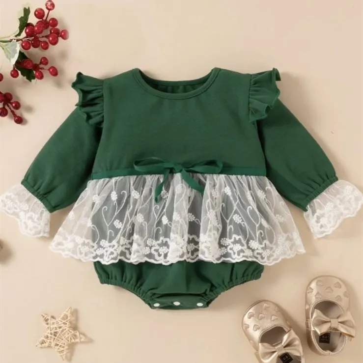 Baby Girl Vintage Lace Green Lace Skirted Romper