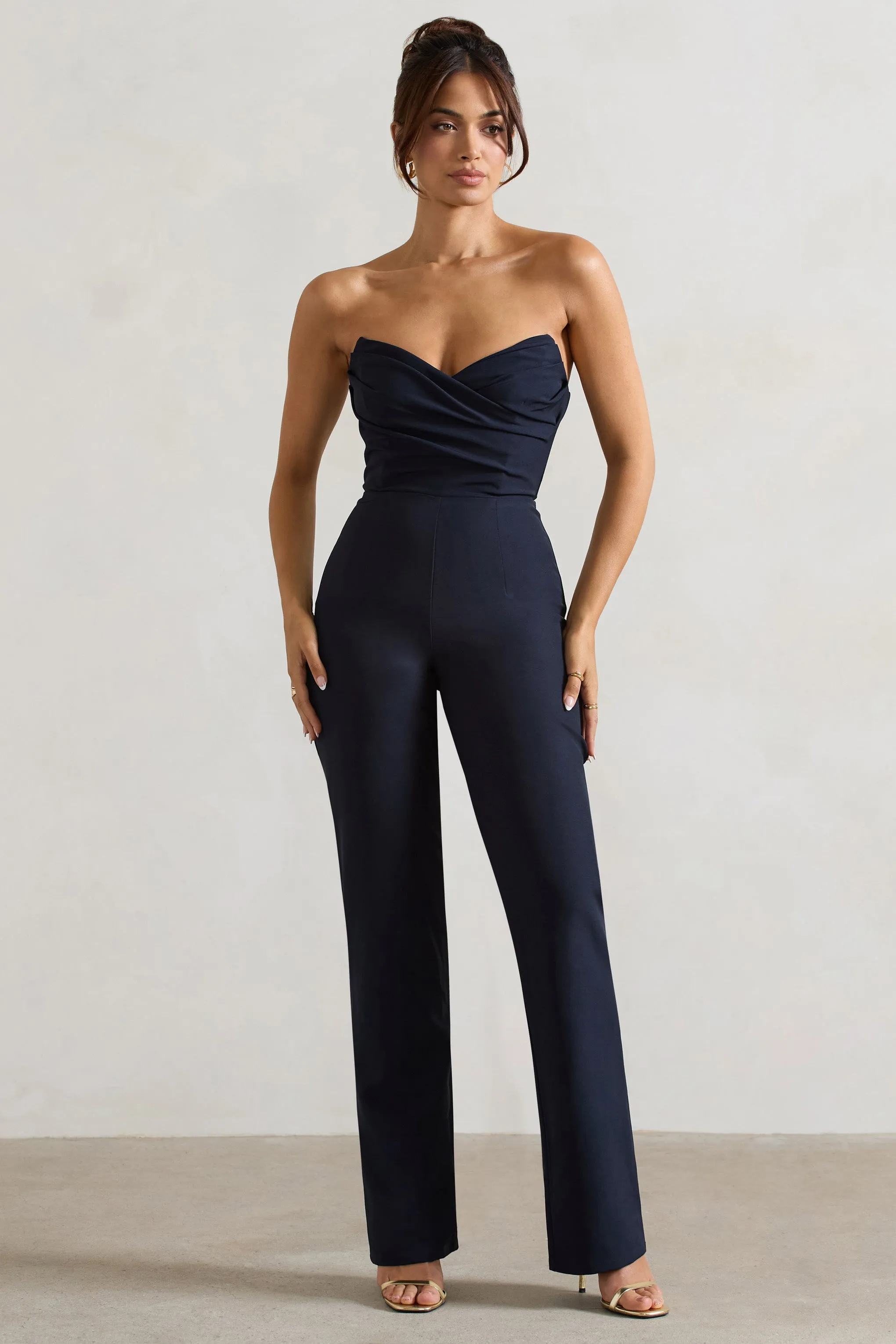 Bellezza | Navy Bandeau Corset Wide Leg Jumpsuit