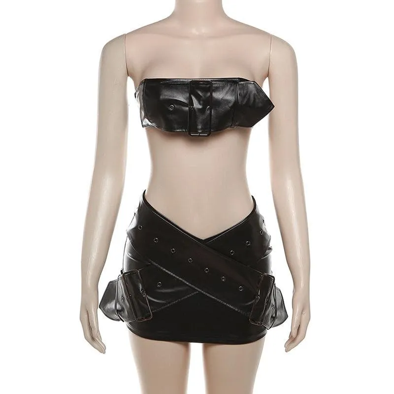 BerriesJam - Buckle Leather Cross Front Backless Solid Tube Mini Skirt Set