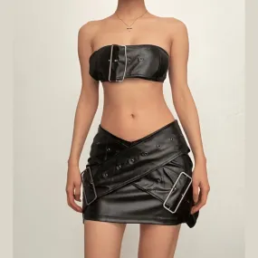 BerriesJam - Buckle Leather Cross Front Backless Solid Tube Mini Skirt Set