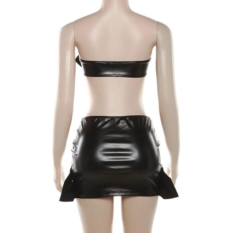 BerriesJam - Buckle Leather Cross Front Backless Solid Tube Mini Skirt Set