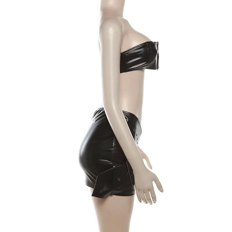 BerriesJam - Buckle Leather Cross Front Backless Solid Tube Mini Skirt Set