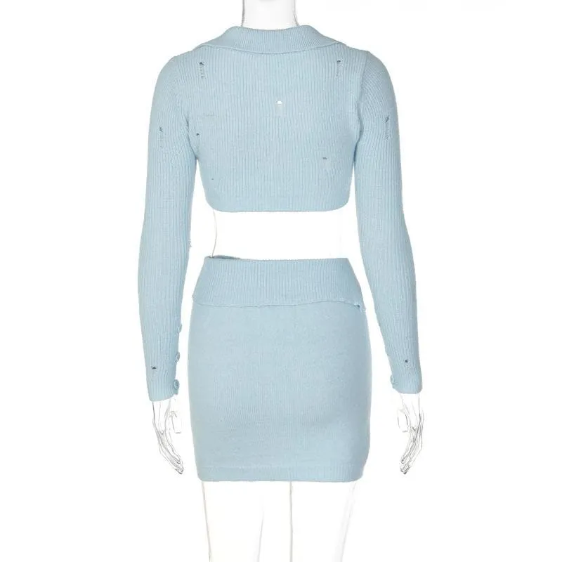 BerriesJam - Button Knitted Long Sleeve Turnover Collar Mini Skirt Set