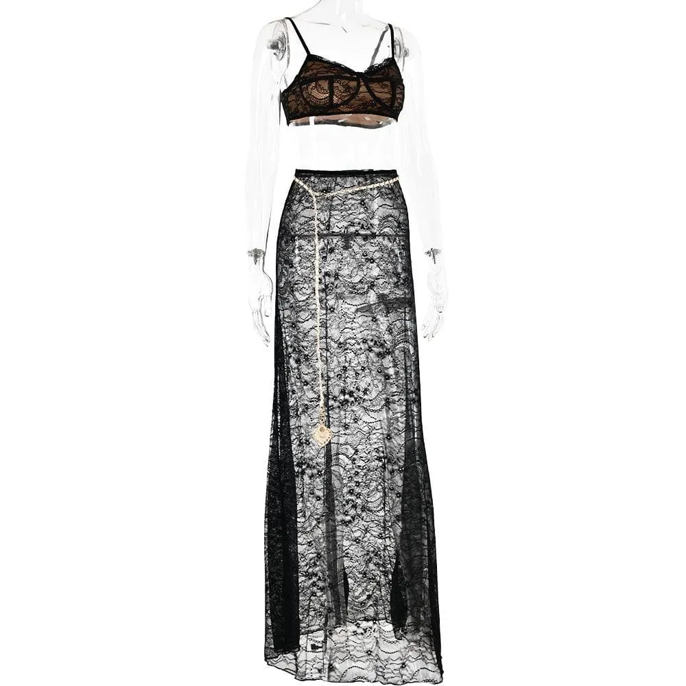 BerriesJam - Lace See Through V Neck Cami Maxi Skirt Set