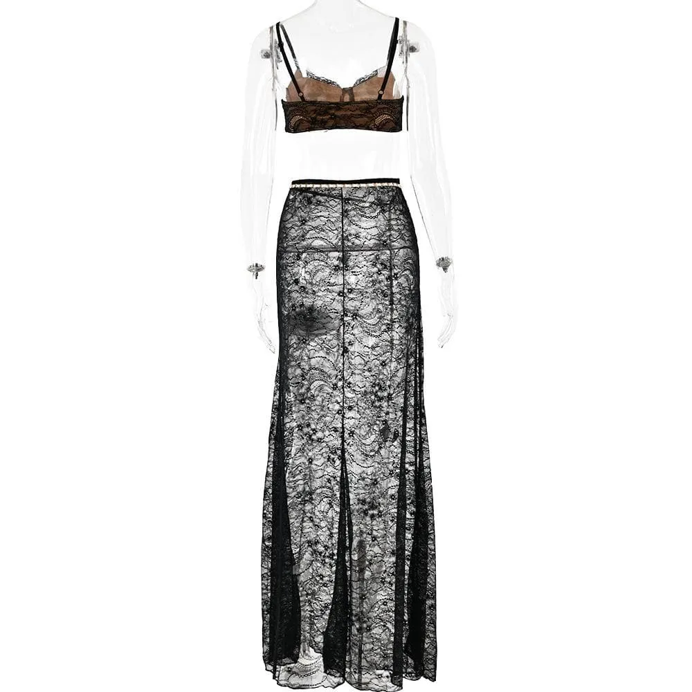 BerriesJam - Lace See Through V Neck Cami Maxi Skirt Set