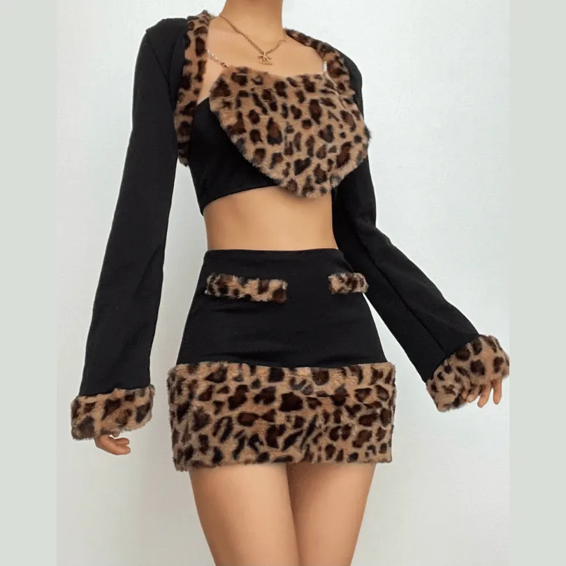 BerriesJam - Sleeve Leopard Print Fluffy Shrug Sweetheart Neck 2 Piece Mini Skirt Set