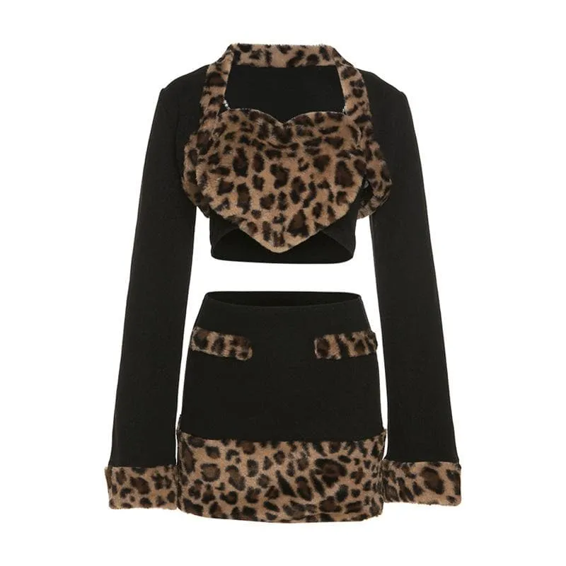 BerriesJam - Sleeve Leopard Print Fluffy Shrug Sweetheart Neck 2 Piece Mini Skirt Set