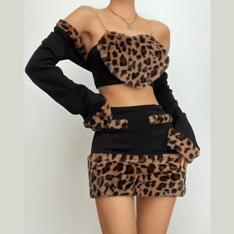 BerriesJam - Sleeve Leopard Print Fluffy Shrug Sweetheart Neck 2 Piece Mini Skirt Set