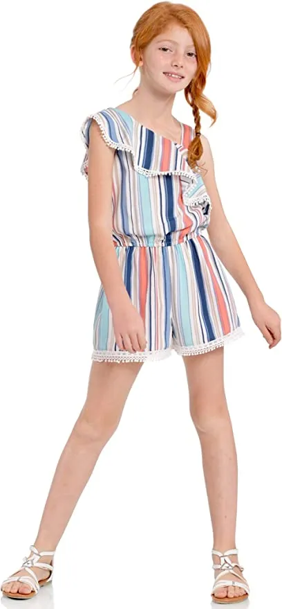 Big Girls Asymmetric Stripe One Shoulder Romper