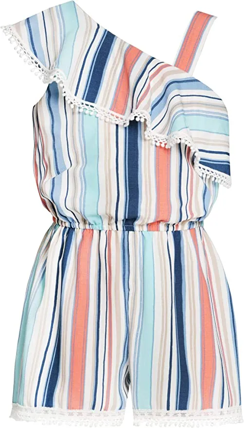 Big Girls Asymmetric Stripe One Shoulder Romper