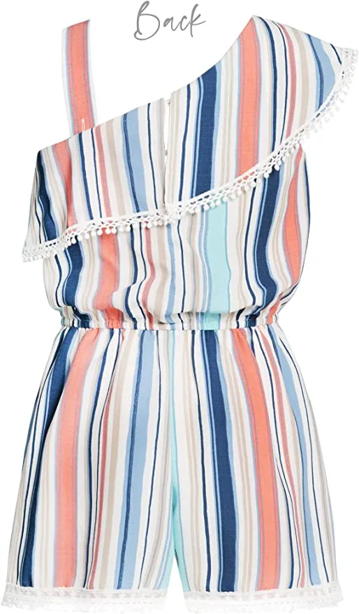 Big Girls Asymmetric Stripe One Shoulder Romper