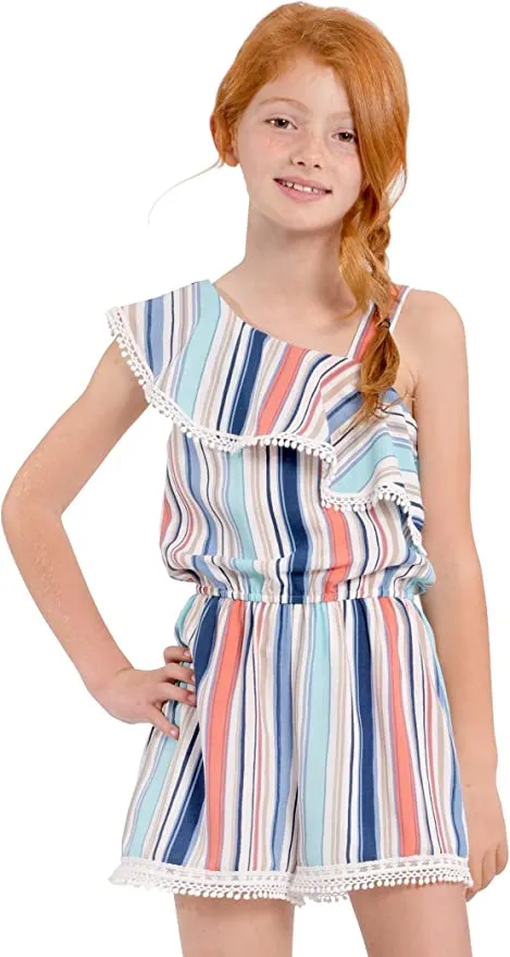 Big Girls Asymmetric Stripe One Shoulder Romper