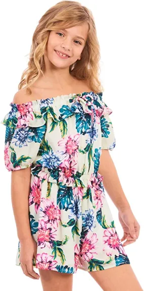 Big Girls Ruffle Tropical Floral Print Romper