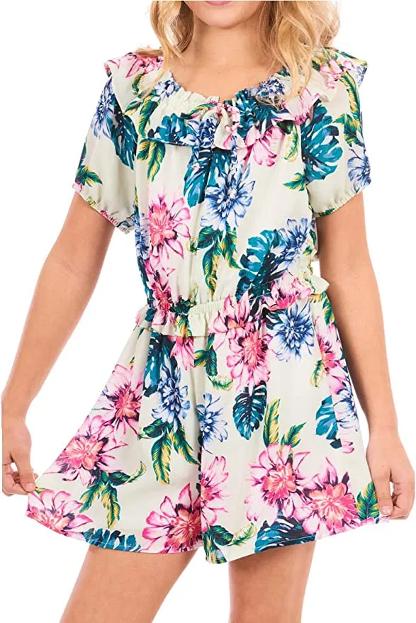 Big Girls Ruffle Tropical Floral Print Romper