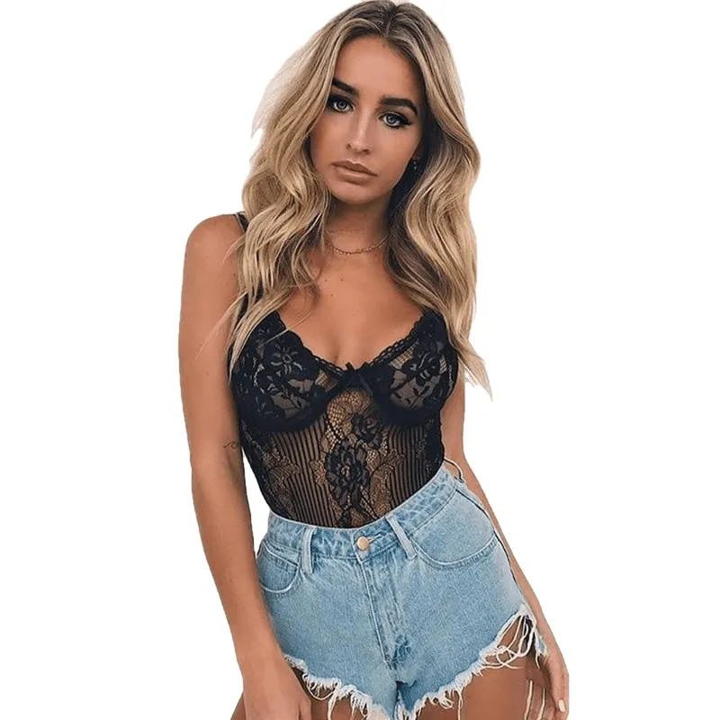 Black Bow Lace Bodysuit Women Backless Transparent Sexy Body Jumpsuit Rompers Catsuit Bodysuits Slim Overalls