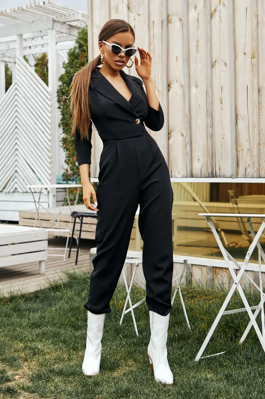 Black Formal One-Button Jumpsuit