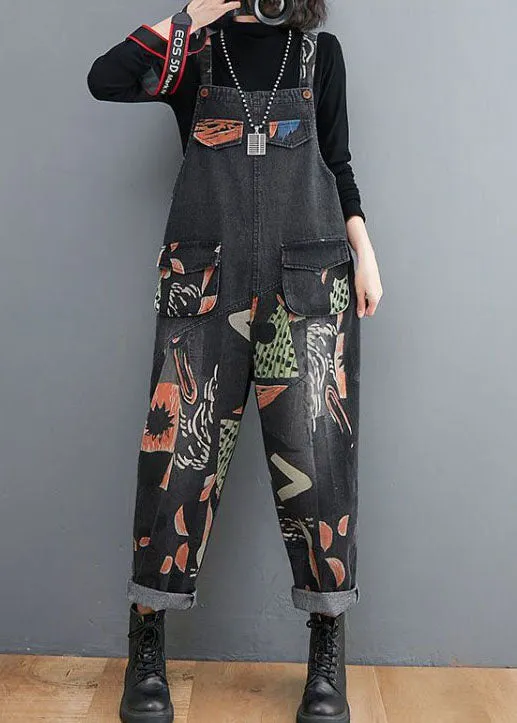 Black Print Patchwork Denim Jumpsuits Pockets