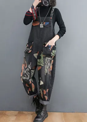 Black Print Patchwork Denim Jumpsuits Pockets