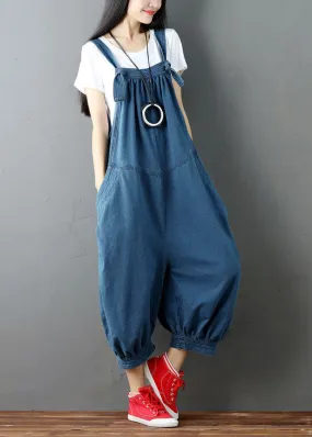 Blue Patchwork Denim Jumpsuits Pants Pockets Wrinkled