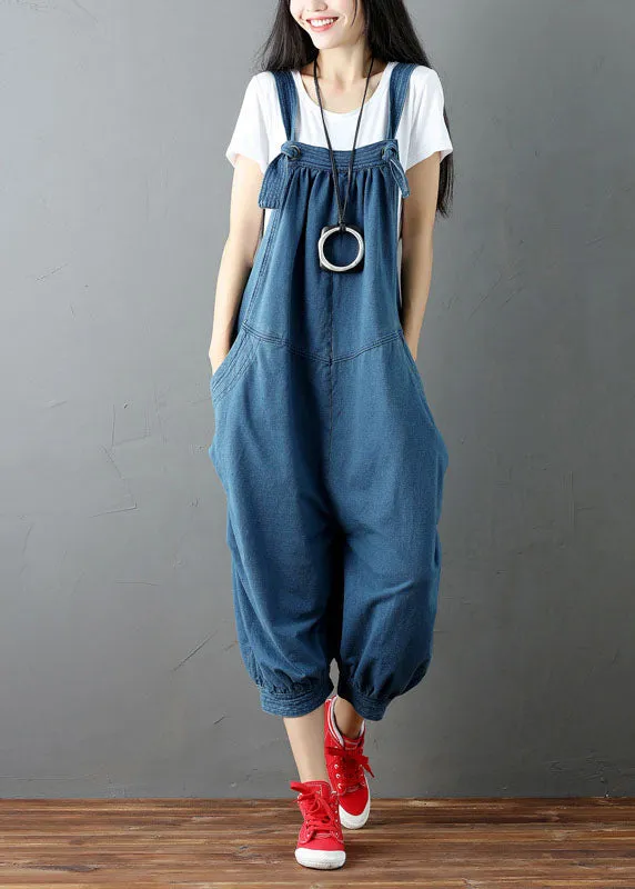 Blue Patchwork Denim Jumpsuits Pants Pockets Wrinkled