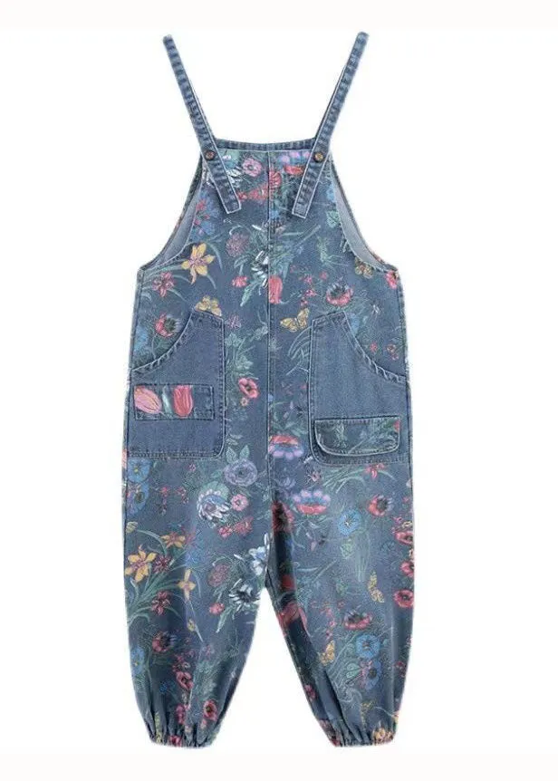 Blue Print Denim Spaghetti Strap Jumpsuits Pockets