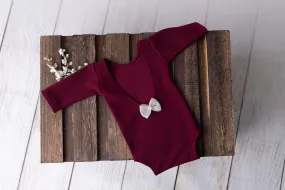 Bodysuit with Bow - Textured - Burgundy