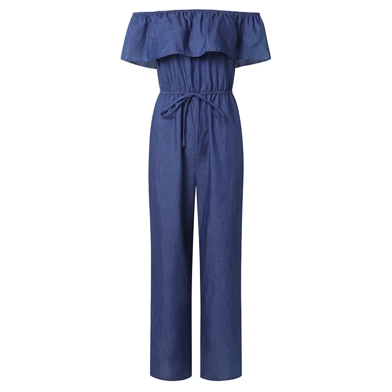 Bohemian Denim Off Shoulder Ruffle Wide Leg Jumpsuit