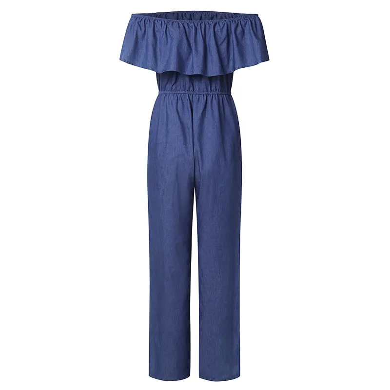 Bohemian Denim Off Shoulder Ruffle Wide Leg Jumpsuit