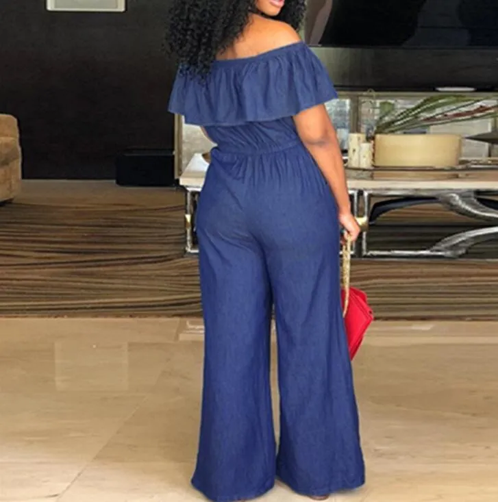 Bohemian Denim Off Shoulder Ruffle Wide Leg Jumpsuit