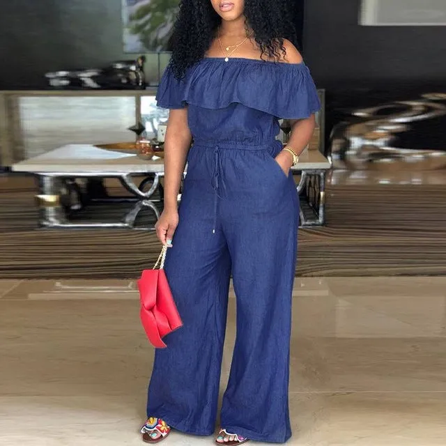 Bohemian Denim Off Shoulder Ruffle Wide Leg Jumpsuit