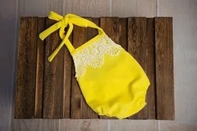 Bohemian Stitch Romper with Lace - Textured - Yellow