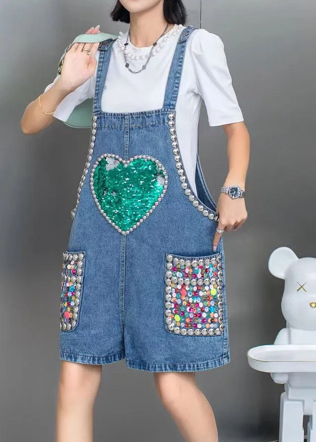 Boho Blue Nail Bead Sequins Patchwork Denim Jumpsuit Shorts Summer