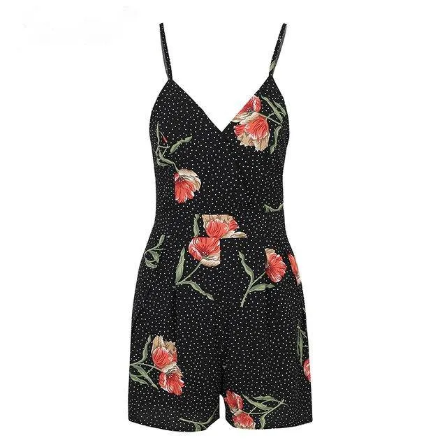 Boho Style Sexy Women's V-neck Backless Tie Up Playsuit With Floral Print